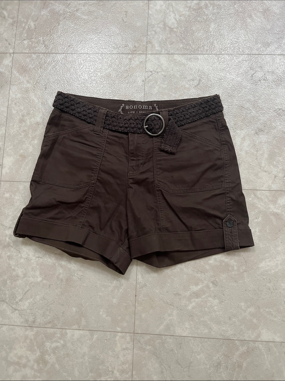 Sonoma Brown Rolled-Hem Utility Shorts with Woven Belt